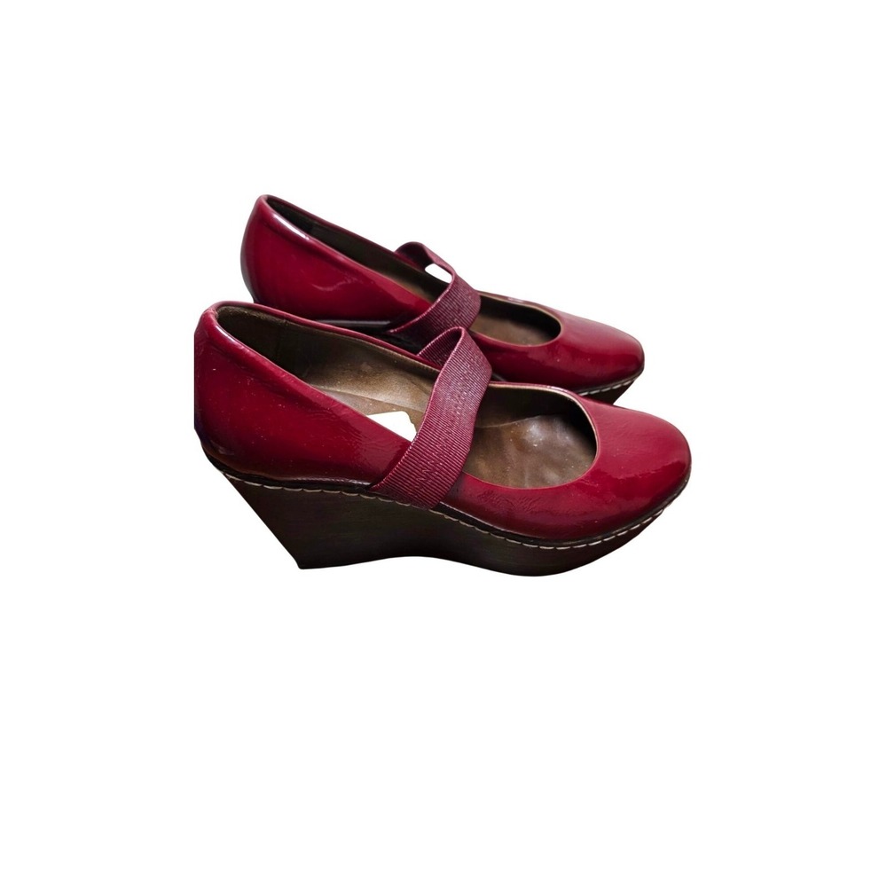 Vicini Red Mary Jane Wedge Shoes Elastic Strap & Wood Size 38 /7 us Made IN Ital
